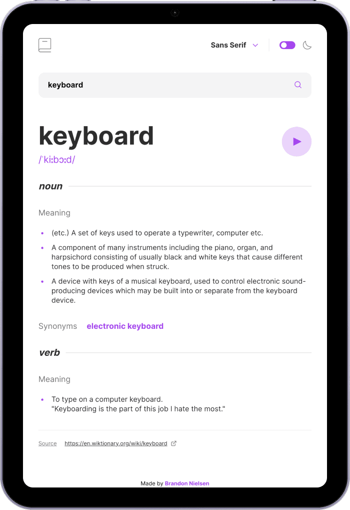 Dictionary web app displayed in dark theme mode on an Apple iPad.